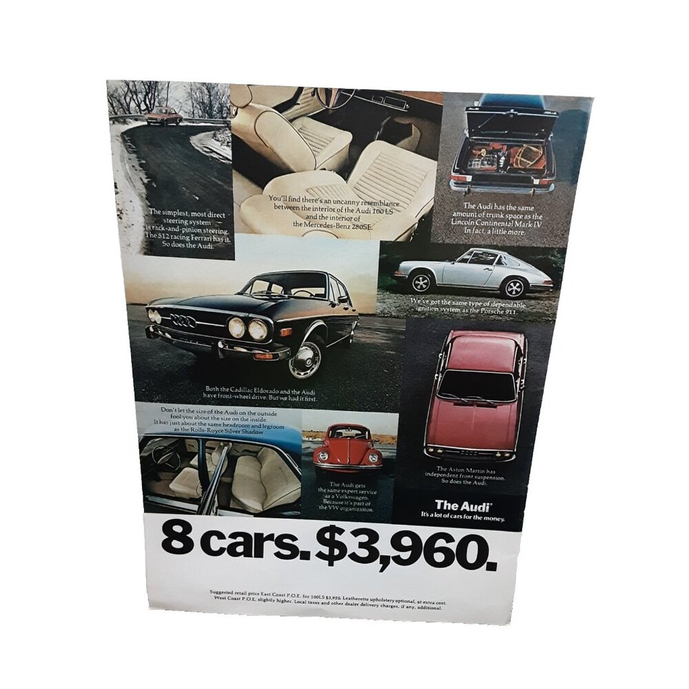 1973 Audi Car ad Porsche Aston Martin VW Full Color Print Ad vintage 70s